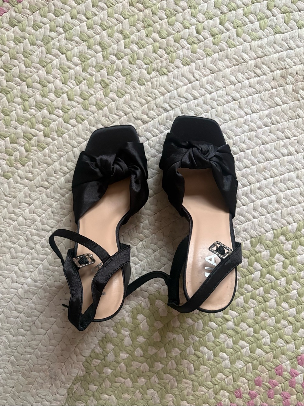Black Satin Knotted Square-Toe Ankle Strap Heels